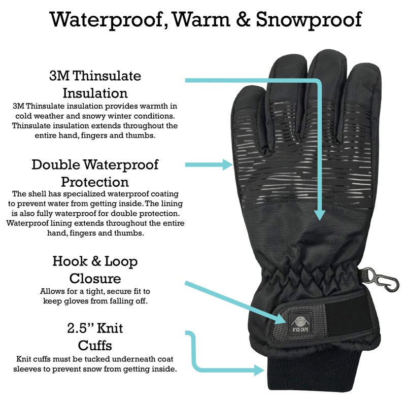 N'Ice Caps Kids Waterproof Thinsulate Warm Winter Gloves (Black Stripe, 7-8 Years) - Image 3